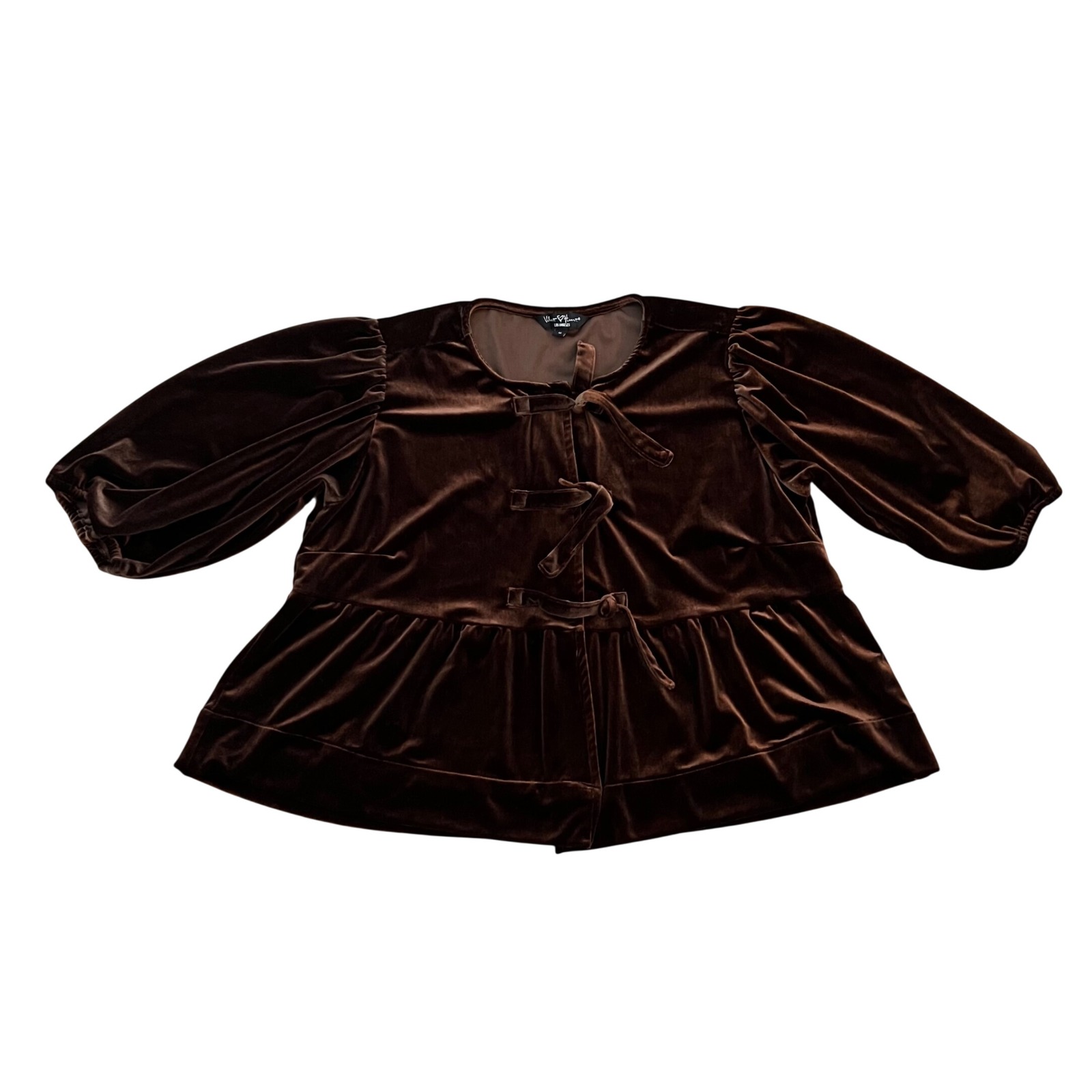 Velvet Heart Los Angeles Brown Velvet Peplum Top Puff Sleeve Tie Front Medium